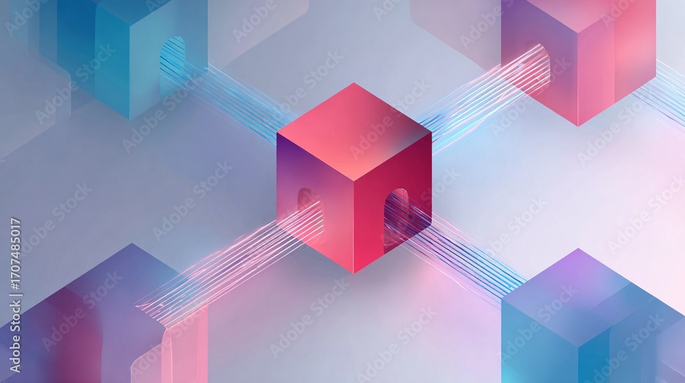 Poster 3d abstract blockchain cubes connected with glowing lines, pastel gradient background, minimal copys