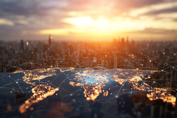 Global connectivity overlaying a world map illuminated by city lights, set against a blurred cityscape and warm sunset.