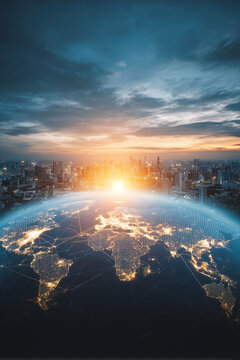 Global connectivity: A cityscape meets Earth's luminous network, symbolizing technology, communication, and future progress.