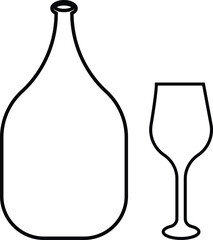 Wine bottle and glass icon set collection group in black line style, alcohol beverage liquor drink pack, bar pub celebration symbol bundle, silhouette outline illustration, isolated on transparent bac