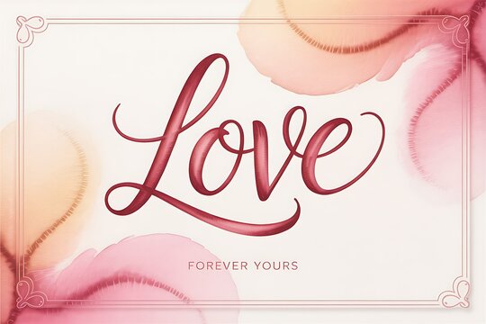 Romantic Love Forever Yours calligraphic design with watercolor style background, perfect for Valentine's Day cards, wedding invitations, and heartfelt messages