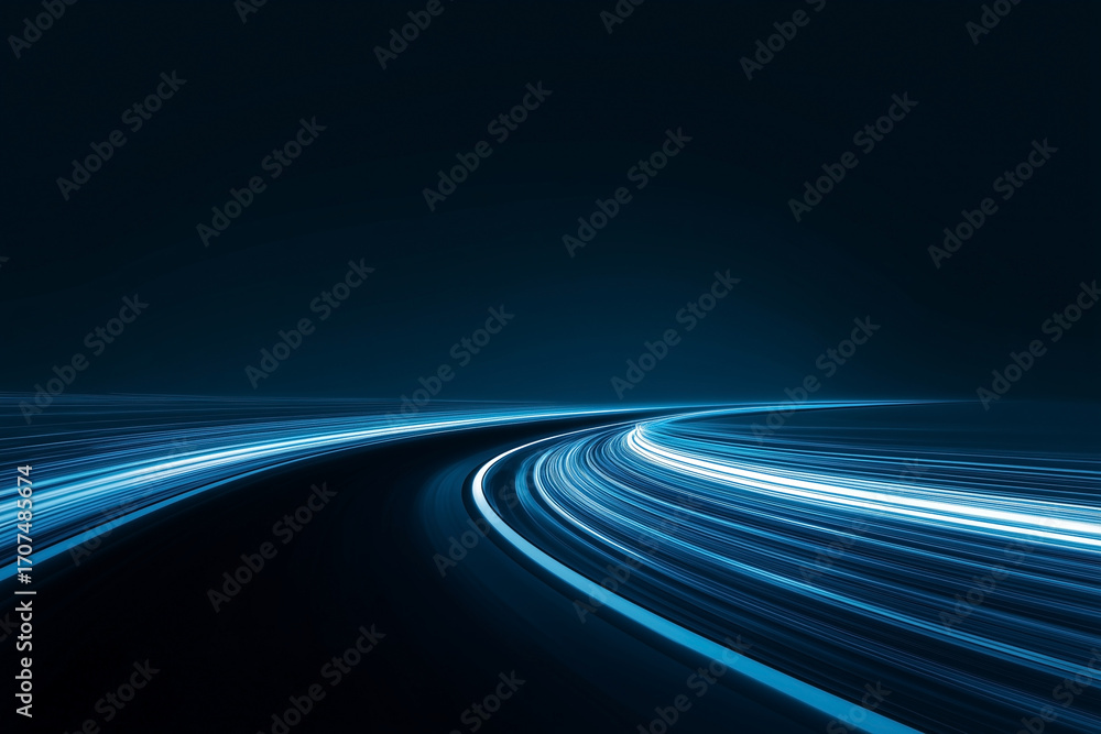 Poster streaks of light create an abstract curve on a dark background, evoking speed, technology, and a sen