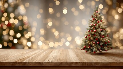 Empty wooden tabletop with dreamy Christmas tree bokeh background, soft glowing light orbs, festive defocused holiday backdrop for product display and mockups with copy space