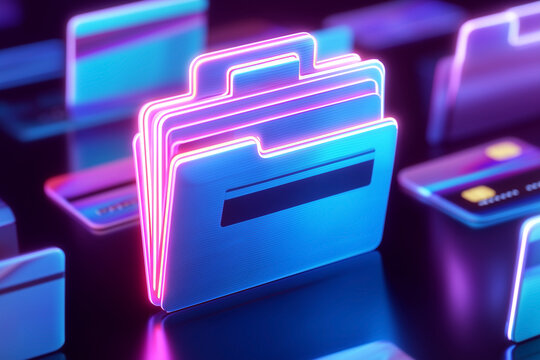 A vibrant illustration showcasing digital folders & cards, illuminated with neon lights, on a reflective surface, evoking modern data security.
