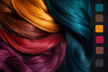 Naklejka premium Colorful twisted hair strands in shades of purple, red, orange, and teal against a dark background with matching color palette.