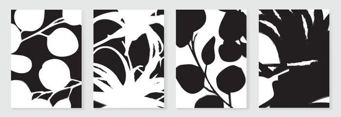 Abstract botanical poster vector set. Leaves, flower in monochrome. Illustration design for Eco packaging, interior, cover, wall art, wallpaper.