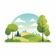 summer landscape with trees in the foreground and hills