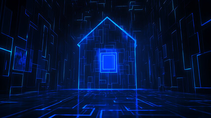 Neon blue digital house outline in a futuristic cyber tunnel with glowing geometric patterns
