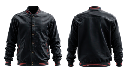 Dark navy blue baseball jacket, front and back views