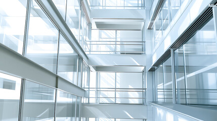 Obraz premium Modern glass and steel interior of a multi-level building atrium with natural light