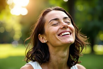 A Woman Closing Her Eyes, Breathing in Fresh Air in a Lush Green Setting, Exuding Joyful Energy