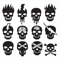 Graphic set of twelve unique black skull illustrations, showcasing creative concepts like flames, brains, and lightning for modern design
