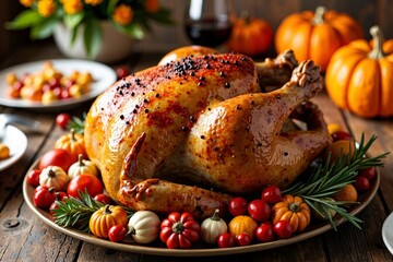 Thanksgiving Turkey with Festive Decorations on a Rustic Table