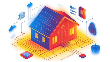 Illustration of a smart home with solar panels and integrated technology systems