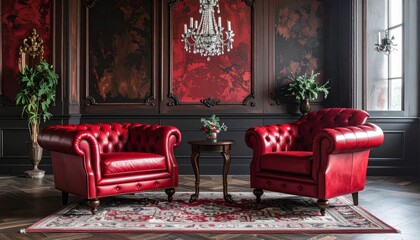 Fototapeta premium Interior of a vintage living room with classic wood furniture, a sofa, and an antique fireplace under a large window
