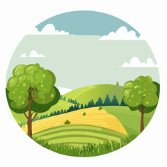 summer landscape with trees in the foreground and hills