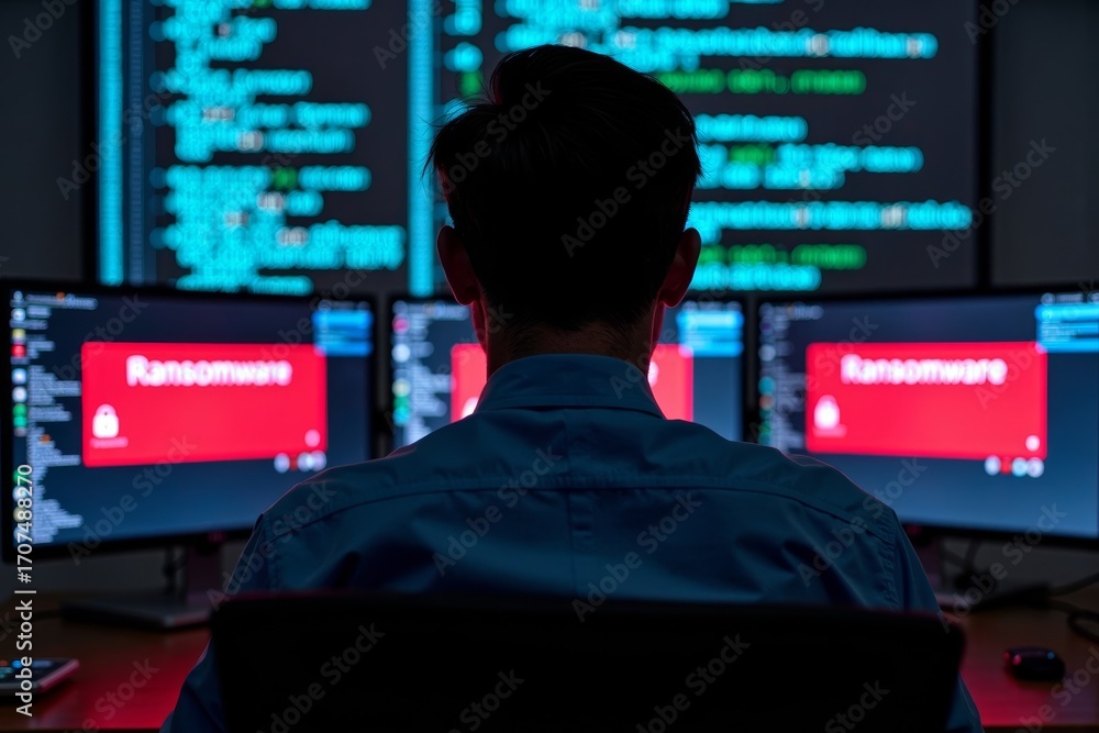 Poster intense image of businessman confronting ransomware attack on compromised computer system