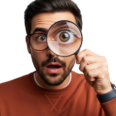 Man with big eyes looking through magnifying glass showing intense focus and surprise