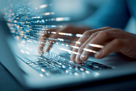 A time-lapse capture of someone typing rapidly on a keyboard with streaks of light showing movement.