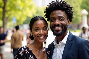 Photo of a joyful African American couple at a university park event surrounded by loved ones