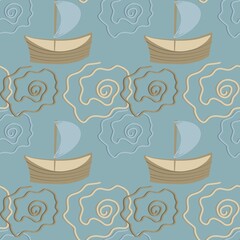 Seamless Nautical Pattern with Sailboats and Waves. Print for Textile and Wallpaper
