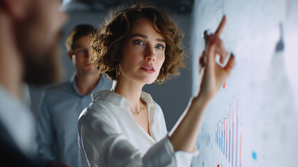 Focused businesswoman analyzing financial chart presenting growth strategy teamwork planning professional success