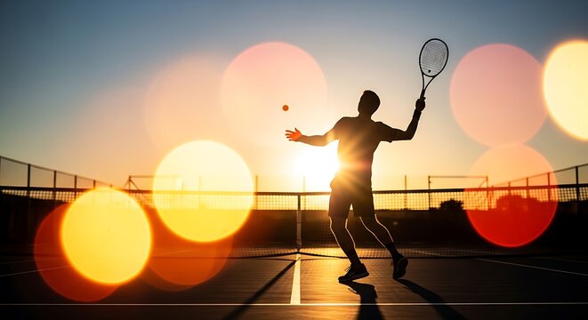 Dynamic tennis player silhouette in sunset, energy and athletic action