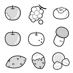 かわいい秋の味覚イラストセット★モノクロ版