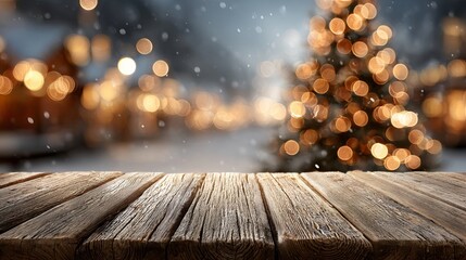 Dreamy Christmas holiday background with empty wooden table and soft glowing bokeh light orbs blurred festive lights cozy winter backdrop for greeting cards product mockups banners and web headers