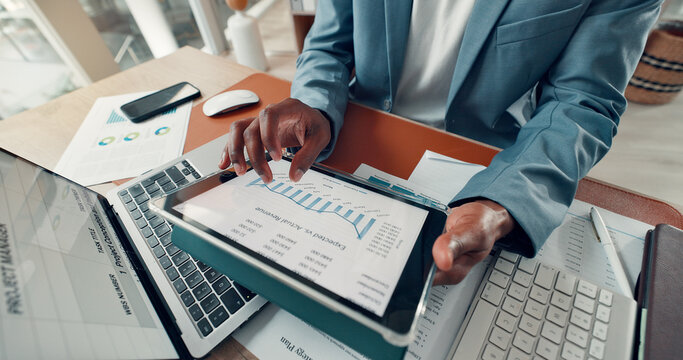 Graph, tablet and hands of business man in office for revenue report, finance review and research. Screen, above and person on tech with statistics for financial analysis, investment or profit growth