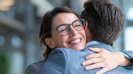 Happy professional couple wearing glasses embracing smiling with genuine joyful expressions