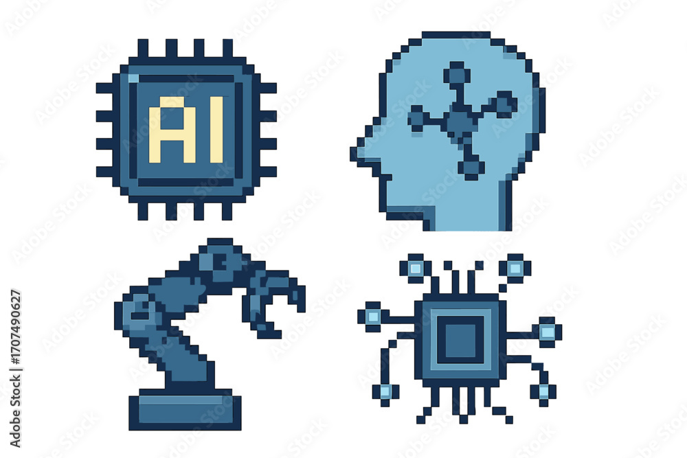 Poster artificial intelligence pixel art icon set. technology symbol collection. 8-bit retro game style. ai