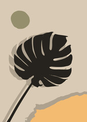 Monstera leaf silhouette on soft pastel background. Botanical tropical artwork for wallpaper, print, or poster. Perfect for peaceful decor, modern branding, minimal cards, and packaging design.