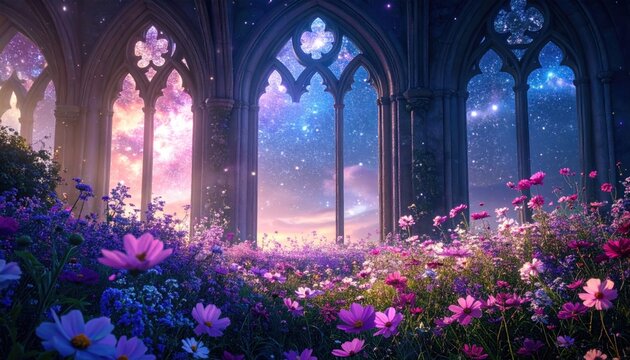 Gothic arches frame a stunning view of a flower-filled field and a vibrant, celestial sky, blending fantasy and nature in a serene scene - Powered by Adobe