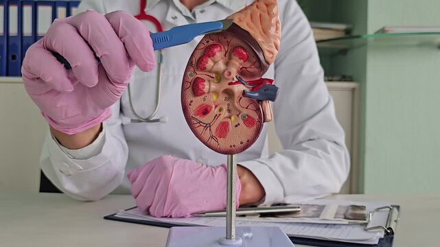 Kidney and adrenal gland surgery and surgical operation. The doctor holds the kidneys with the ureter, and in another case, surgical operation with a scalpel