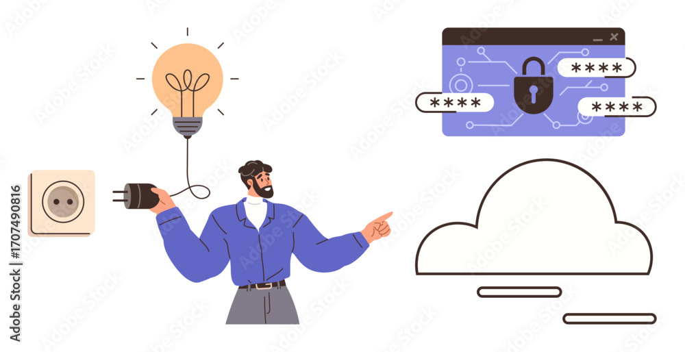 Poster man holding plug near socket, lightbulb, lock overlay with passwords, and cloud computing icon. idea