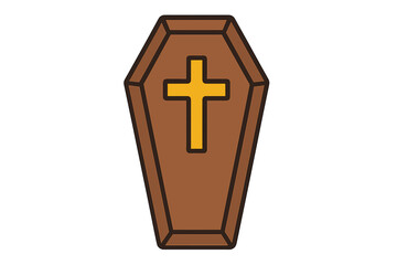 Obraz premium Coffin with cross vector icon. Funeral and burial concept. Casket illustration for Halloween. Symbol of death, mourning, and grief. Christian religious ceremony element. Macabre.