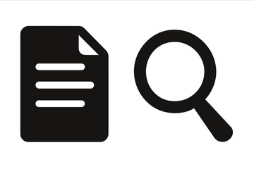 Search document icon. Magnifying glass for data analysis, information research, contract review. Business audit and inspection concept. Finding evidence, discovery symbol. Vector.