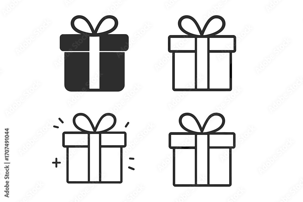 Poster gift box icon set. present symbol collection in flat, silhouette and linear outline styles. vector f