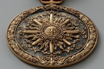 Decorative gold medallion showcasing artistic sunburst details high resolution picture