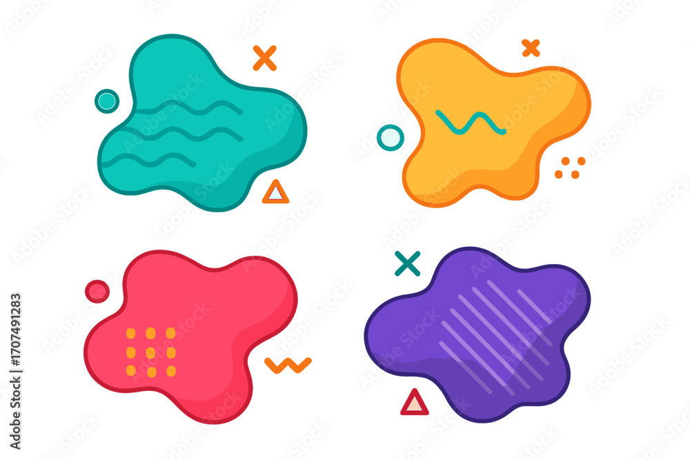 Aufkleber set of colorful liquid shape elements in memphis style. abstract fluid amoeba shapes with geometric 