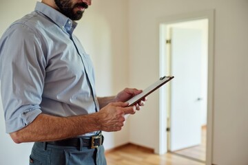 Man Holding Clipboard Inspecting Room in Real Estate House for Appraisal Photograph