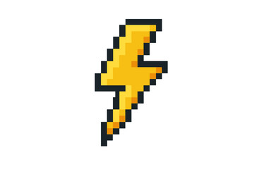 Pixel art lightning bolt icon. 8-bit retro video game asset. Thunderbolt symbol for energy, power, electricity concept. Yellow flash vector illustration on transparent background.