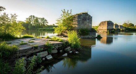 Fototapeta premium Ruined Bridge River An illustration of a river flowing calmly past a broken bridge with a hopeful mood