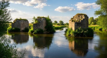 Fototapeta premium River Ruined Bridge A river flowing calmly past a ruined bridge creating a hopeful atmosphere and serene landscape