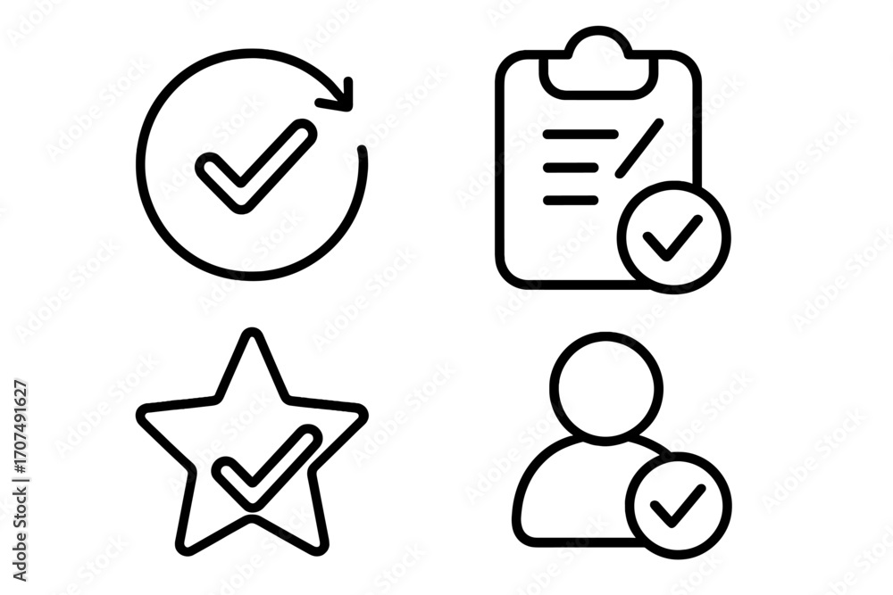 Poster approved icon collection. check mark for user verification, completed task list, quality star rating