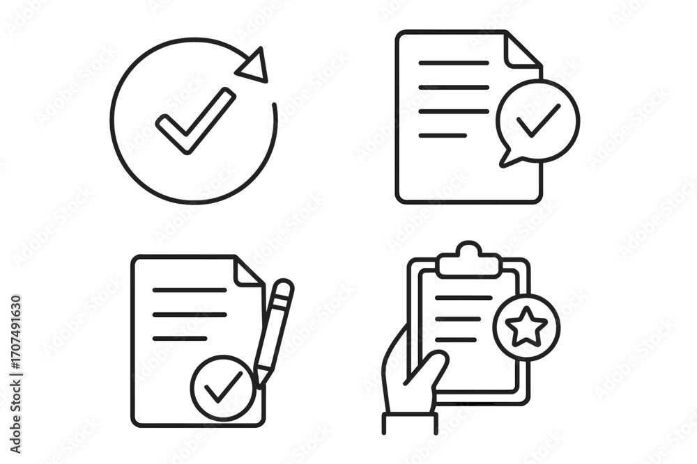 Poster revision and review icon set. linear symbols for document approval, proofreading, and quality check.