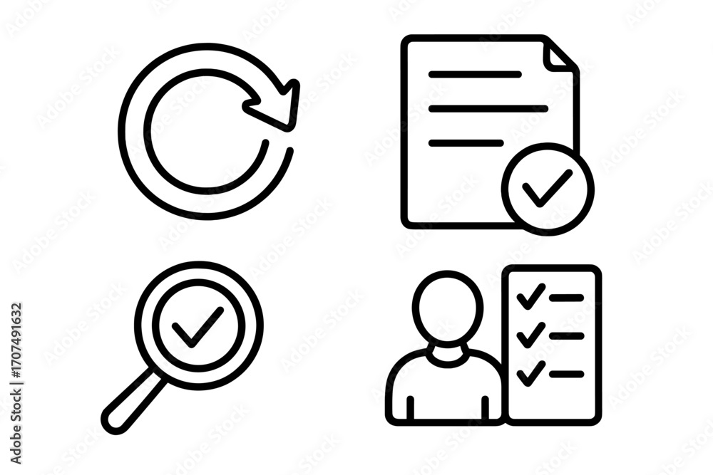 Poster revision and review icon set. linear symbols for document approval, quality control, and task manage