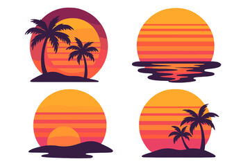 Retro sunset collection with palm tree silhouettes. Vintage 80s striped sun circle set for logo design or t-shirt print. Abstract synthwave tropical summer icon pack.