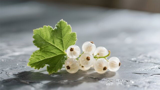 Fresh white currant berries and green leaf on gray textured table, closeup